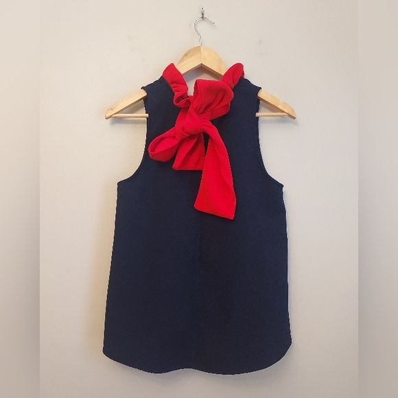 Tuckernuck Pomander Place Mason Navy Blue Red Ruffle Tie Blouse Size Medium - Picture 4 of 12